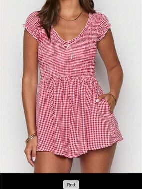 SHEIN Red Gingham Smocked Romper